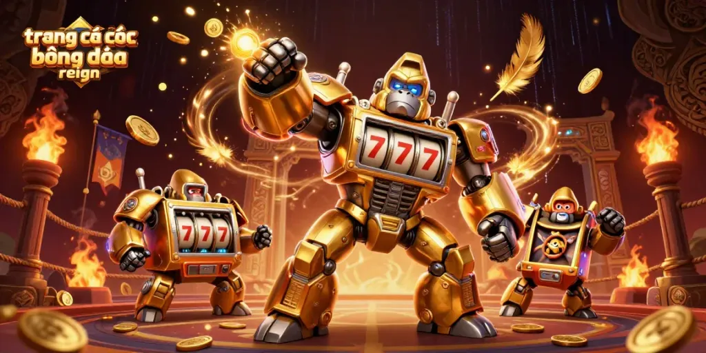Engage with the exciting world of trang cá cược bóng đá reign, showcasing a golden gorilla mech and vibrant casino elements.